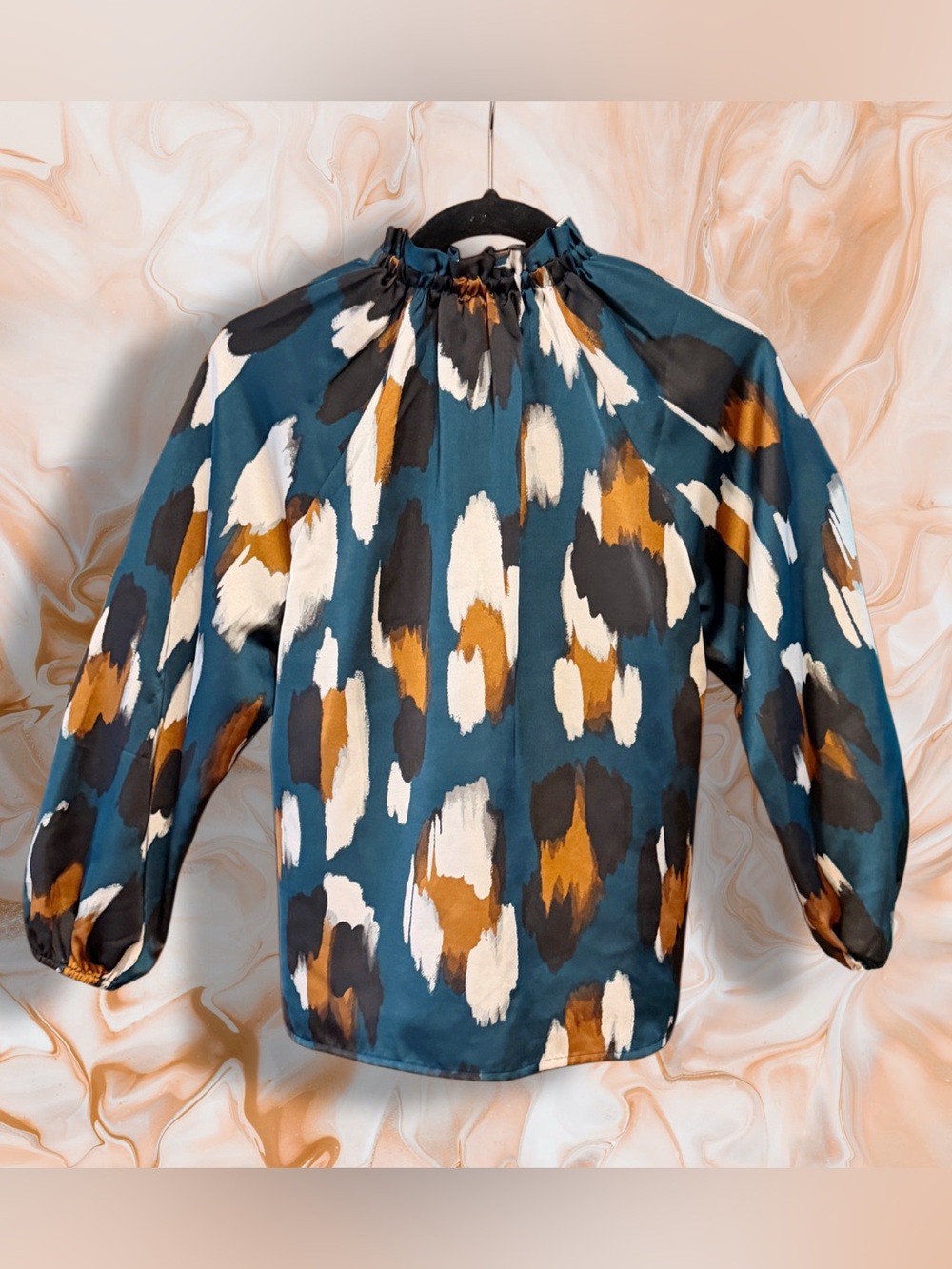 Ann Taylor Teal Brushstroke Print Ruffle Neck Blouse size XS